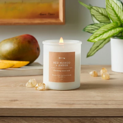 9oz Milky White Glass Woodwick Candle With Wood Lid And Stamped Logo Red Mango And Amber - Threshold™ 1 9oz Milky White Glass Woodwick Candle With Wood Lid And Stamped Logo Red Mango And Amber - Threshold™