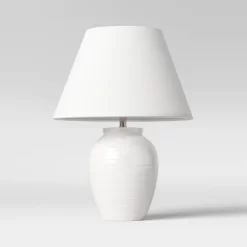 16.5"x13" Turned Ceramic Table Lamp White - Threshold™: Modern Accent, Linen Shade, No Assembly Required