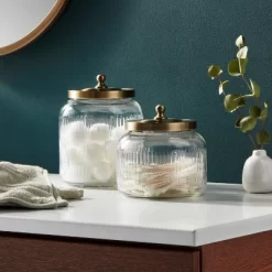 Small Glass Bath Canister Brass - Threshold™: Elegant Storage Container With Lid For Bathroom Organization