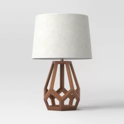 Large Wood Geo Assembled Table Lamp Brown - Threshold™: No Assembly, UL Listed, Cotton Shade