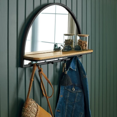 24"x15" Arch Wall Mirror With Shelf And Pegs Brown/Black - Threshold™: Modern Style, Horizontal Orientation, Includes Mounting Hardware 1 24"x15" Arch Wall Mirror With Shelf And Pegs Brown/Black - Threshold™: Modern Style, Horizontal Orientation, Includes Mounting Hardware