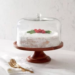Round Glass & Wood Dessert Stand - Threshold™: Traditional Cupcake Display With Clear Glass Lid