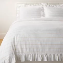 Yarn Dye Stripe With Ruffle Duvet Cover & Sham Set White/Khaki - Threshold™ With Studio McGee