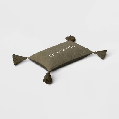 Thankful Embroidered Herringbone Lumbar Throw Pillow Dark Green - Threshold™ 2 Thankful Embroidered Herringbone Lumbar Throw Pillow Dark Green - Threshold™ - Image 2