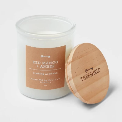 9oz Milky White Glass Woodwick Candle With Wood Lid And Stamped Logo Red Mango And Amber - Threshold™ 2 9oz Milky White Glass Woodwick Candle With Wood Lid And Stamped Logo Red Mango And Amber - Threshold™ - Image 2