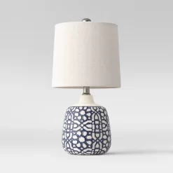 17.5"x9" Assembled Ceramic Table Lamp Blue - Threshold™: Bud-Shaped Base, Off-White Drum Shade, UL Listed