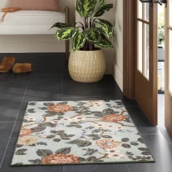 2'x3' Floral High Low Loop Accent Rug Green - Threshold™: Washable Entryway Throw, Indoor Skid-Resistant Rug
