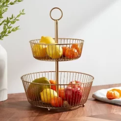 Delavan Collection Metal Wire Fruit Basket Gold - Threshold™: Iron Round Fruit Holder Kitchen, 15.75" Height
