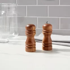 2pc Acacia Turned Salt Shaker And Pepper Grinder Set - Threshold™: Brown Spice Mills, 5.43" Height, 61 Volume Capacity