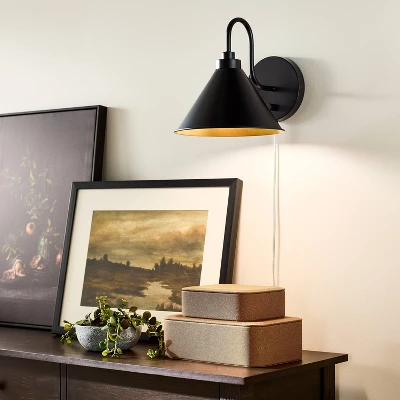 Curved Neck Wall Sconce With Metal Shade Black - Threshold™ Designed With Studio McGee: Modern Plug-In, ETL Listed, Cone-Shape 1 Curved Neck Wall Sconce With Metal Shade Black - Threshold™ Designed With Studio McGee: Modern Plug-In, ETL Listed, Cone-Shape